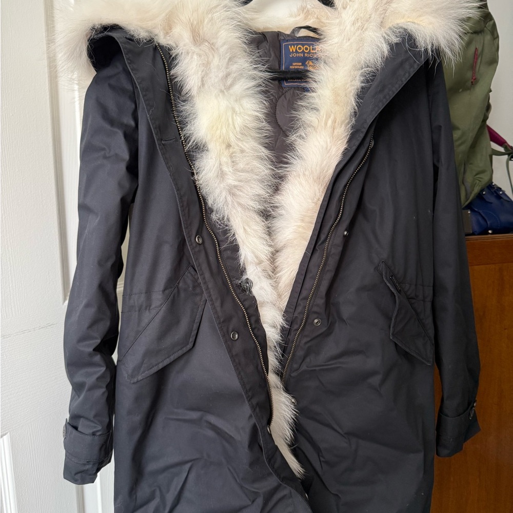 Woolrich Black Parka with white fur lined hood